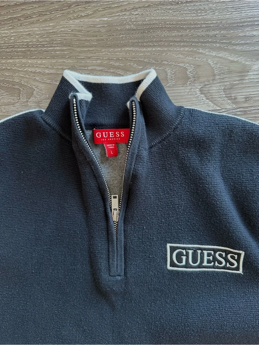 GUESS Black Zip-Up Sweater with Cream Trim